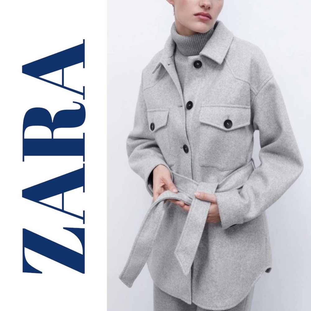 ZARA Grey Soft Belted Overshirt Jacket Shacket Button Front Pockets Size Small